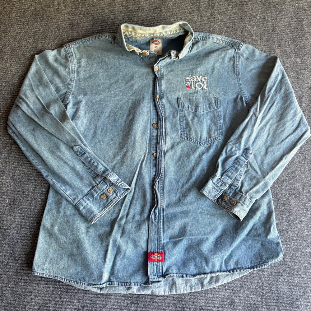 Dickies Mens XL Blue Denim Long Sleeve Button Up Work Shirt Save A Lot Promo